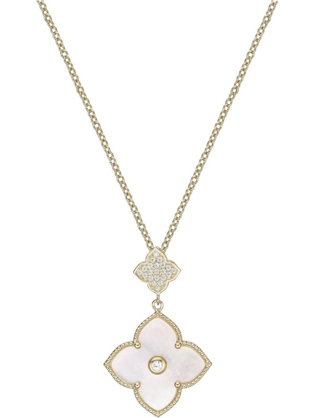 Elegant Black Onyx & Mother of Pearl Double Flower Pendant Necklace, 925 Silver